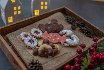 Traditional home made German Christmas Cookies on a festive table