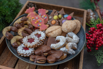 Traditional home made German Christmas Cookies on a festive table