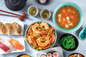 Fototapeta na wymiar Japanese Food. Various dishes of Japan, overhead flat lay shot