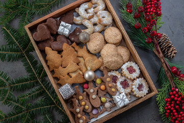 Traditional home made German Christmas Cookies on a festive table