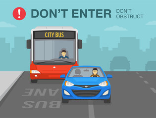 Driving in a bus lane. Traffic or road rule. Front view of blue sedan car and bus on a bus lane. Do not enter the bus lane and do not obstruct. Flat vector illustration template.
