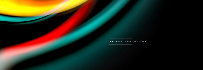 Dynamic motion abstract background. Color blurred stripes on black. Wave liquid lines poster. Vector illustration