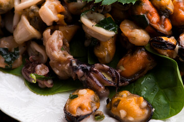 Frutti di mare on on plate selective focus