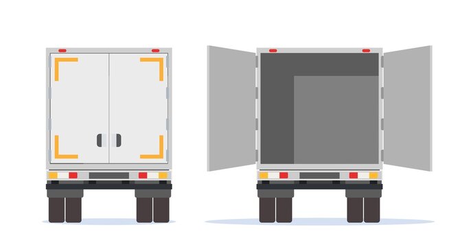 Truck trailer rear view side with closed and open doors. Delivery van isolated. Express delivering services commercial truck. Fast and free delivery by car. Vector illustration in flat style