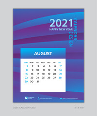 Calendar 2021 template, August, Desk Calendar for 2021 year, week start on sunday, planner design, wall calendar, Poster, flyer, stationery, printing, vertical page, Blue Gradient background