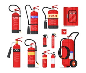 Portable or industrial fire extinguisher firefighter equipment. Fire-fighting safety unit different shape and type for prevention and protection from flame spread vector illustration isolated on white - obrazy, fototapety, plakaty