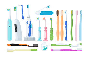 Toothbrush for dental care oral hygiene and teeth protection. Electric, bamboo and plastic tooth brush for brushing teeth and caries enamel destruction prevention vector illustration isolated on white