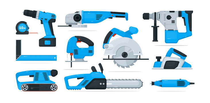 Electric power construction worker hand tool and equipment. Professional jigsaw, circular-saw, power-planer, grinder, drill, ruler woodworking electrical hardware vector illustration isolated on white