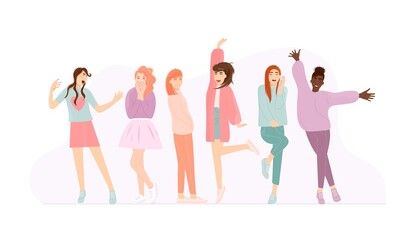 Obraz premium Jumping, singing, dancing happy girl with positive emotion. Casual young multiracial woman screaming, smiling shy, laughing, flirting, greeting, feeling happiness vector illustration isolated on white