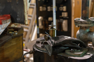 Construction tools on a vintage work bench on a construction site for the restoration of an old...