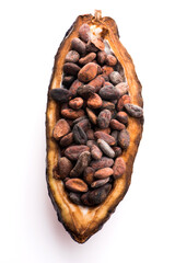 Cocoa (cacao) beans on a beanpod with focus on foreground.
