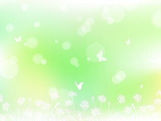 花のイラストと蝶々による光ボケ背景素材