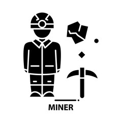 miner symbol icon, black vector sign with editable strokes, concept illustration