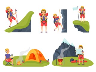 Mountain climber hiking, resting, walking and trekking set. Summer hiker backpacker tourist travelling, observing nature and achieving mount peak vector illustration isolated on white background