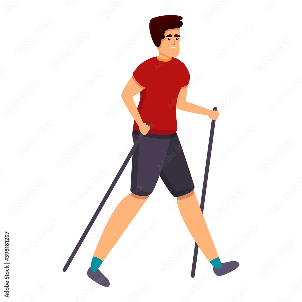 Poster smiling boy nordic walking icon. cartoon of smiling boy nordic walking vector icon for web design is
