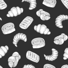 Bakery products. Baking food isolated illustration. Hand drawn buns doodle seamless pattern. Background of pencil chalk drawing sketches. Graphics, shading, line art.