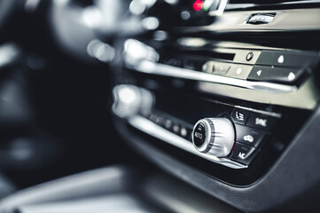 Luxury modern car interior. Automatic gearbox lever; Automatic transmission gearshift stick....