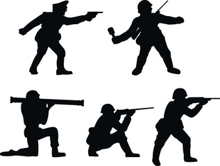 Silhouettes of soldiers of the second world war. Silhouettes in different poses.