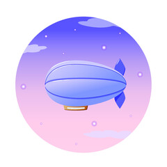 Blue airship on a background of sunset and stars. Children's illustration