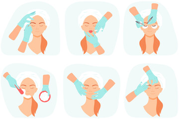 Cosmetology procedure set. A womangirl at a beautician's appointment. Skin care, injections, massage, eyebrow and eyelash correction. Vector illustration in flat design style.