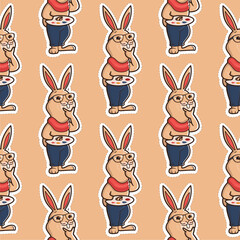 Cartoonish hipster-bunny is a artist holds palette. The retro seamless pattern in a vector illustration. This print, texture is good for art designs, bags, cloth, t-shirts, ads, etc