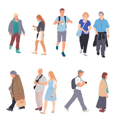 Diverse various people walking set cartoon flat vector illustration on white background