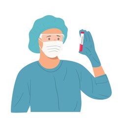 Nurse in medical cap, mask and goggles holding test tube with lettering coronavirus.