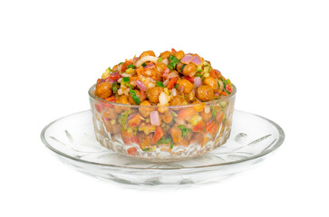 Indian Street Breakfast Chana Chaat Also Know as Chana Masala, Chola Chana Chaat, Chola Masala, Chickpea Masala, Black Chickpea Chaat or Kala Chana Chat on White Background