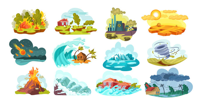 Natural disasters set. Wild landscape volcanic eruption, earthquake, tsunami, snow avalanches, landslides, floods, tropical cyclones, tornadoes, falling meteorites, forest fires, drought