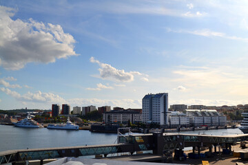 Naklejka premium Stockholm cityscape. View from the ferry. Sweden, Scandinavia