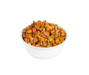 Indian Street Breakfast Chana Chaat Also Know as Chana Masala, Chola Chana Chaat, Chola Masala, Chickpea Masala, Black Chickpea Chaat or Kala Chana Chat on White Background