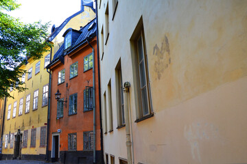 Fototapeta na wymiar The street with colorful buildings in the Old Town (Gamla Stan), Stockholm center, Sweden
