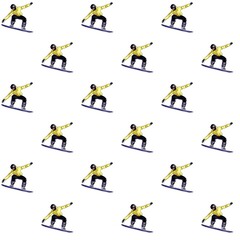Vector seamless pattern of a snowboarder. A quick sketch of an athlete who goes snowboarding in winter in the mountains. Multicolor drawing of a snowboarder on a board in flight