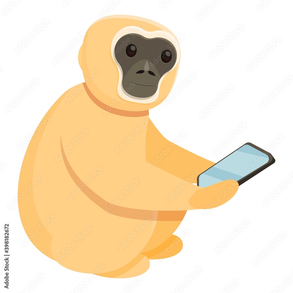 Poster gibbon with smartphone icon. cartoon of gibbon with smartphone vector icon for web design isolated o