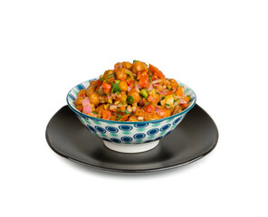 Indian Street Breakfast Chana Chaat Also Know as Chana Masala, Chola Chana Chaat, Chola Masala, Chickpea Masala, Black Chickpea Chaat or Kala Chana Chat on White Background