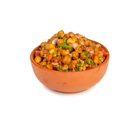 Indian Street Breakfast Chana Chaat Also Know as Chana Masala, Chola Chana Chaat, Chola Masala, Chickpea Masala, Black Chickpea Chaat or Kala Chana Chat on White Background