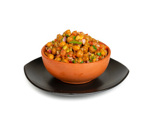 Indian Street Breakfast Chana Chaat Also Know as Chana Masala, Chola Chana Chaat, Chola Masala, Chickpea Masala, Black Chickpea Chaat or Kala Chana Chat on White Background
