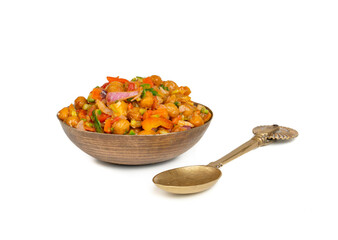 Indian Street Breakfast Chana Chaat Also Know as Chana Masala, Chola Chana Chaat, Chola Masala, Chickpea Masala, Black Chickpea Chaat or Kala Chana Chat on White Background
