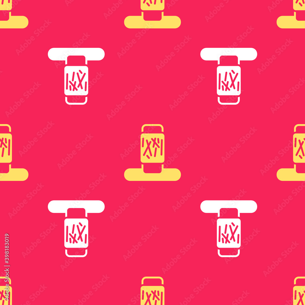 Poster yellow cat scratching post with toy icon isolated seamless pattern on red background. vector.