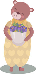 Bear with a bouquet in his hands. Vector illustration drawn by Kuri on a white background. Greeting card design element
