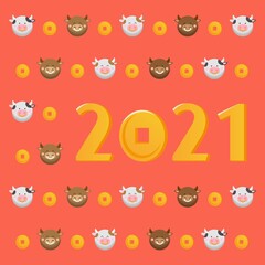 Continuous graphic background of 2021 new year cute cartoon cow and gold coins, comic illustration vector