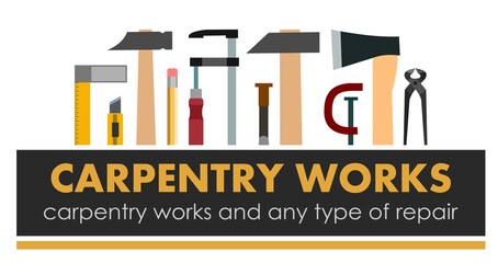 Carpentry works. Any type of repair. Logo of handyman services. Carpenter. Hand tools of universal workshop. Home repair service. Woodworking carpentry shop. Foreman of woodworks. Isolated.