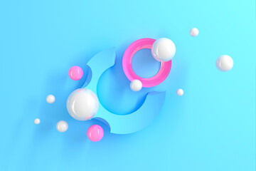 Abstract three-dimensional background of many circles with round cutouts with a stylized display of the planet and satellites on blue background. 3D illustration