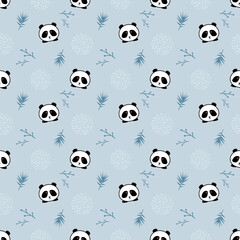 Seamless pattern with cute panda face and blue leaves. Pattern on a blue background. Created with love. Vector.