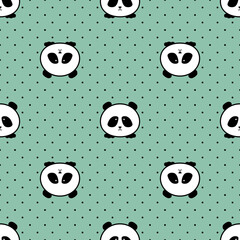 Seamless pattern with cute panda face and red hearts on a white background with black polka dots. Modern pattern. Created with love. Vector.