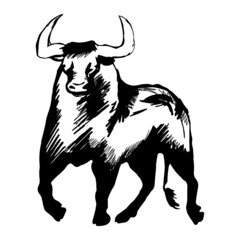 Black bull on white background, abstract drawing of a cow
