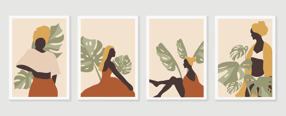 woman portrait post with monstera leaf wall art vector set. boho earth tone line art drawing with  abstract shape.  Abstract Plant Art design for prints, cover, wallpaper.
