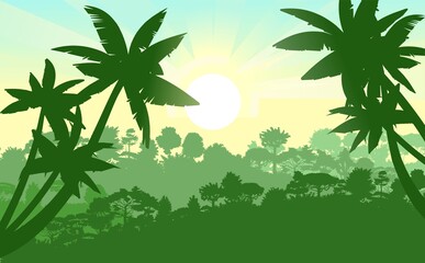 Fototapeta na wymiar Palm trees. Jungle silhouette. Rainforest. Panoramic landscape. The morning sun is on the horizon. Dense rainforest with exotic trees. Vector