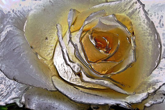 Ilustración en relieve de una gran rosa blanca con tonos dorados en los pétalos centrales. Fondo floral con efecto metálico.