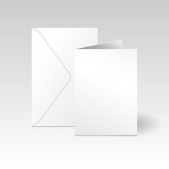White vertical greeting card and envelope mockup template. Isolated on light gradient gray background with shadow.